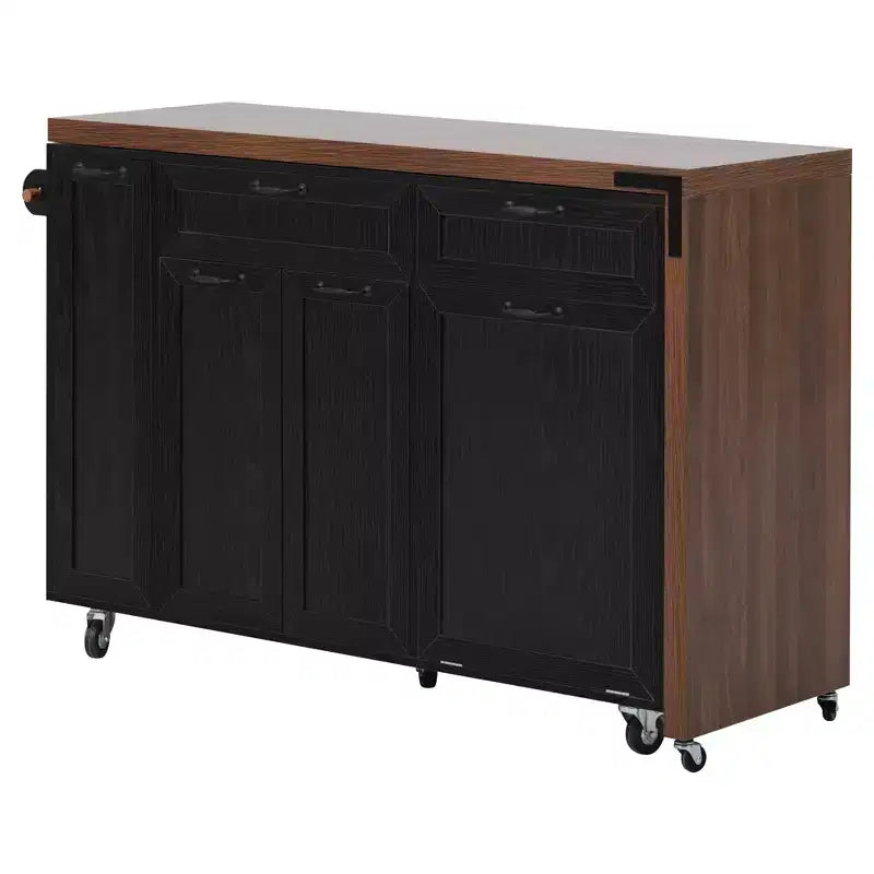 FAMYYT 102.3 Kitchen Rolling Island Cart with Extendable Dining Table, Trash Storage Cabinet, 3-Tier Pull-Out Spice Rack, 2 Drawers