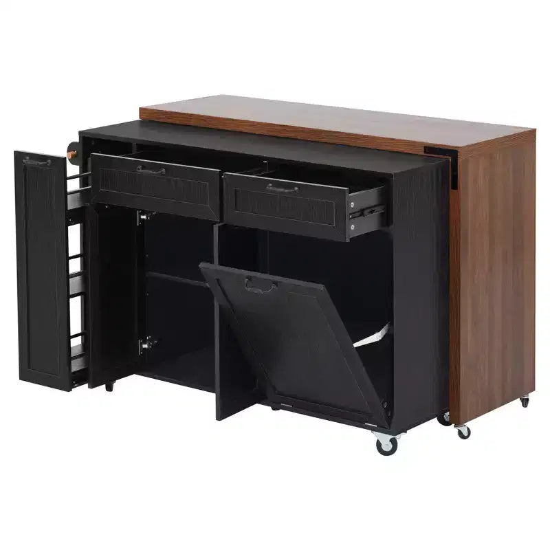 FAMYYT 102.3 Kitchen Rolling Island Cart with Extendable Dining Table, Trash Storage Cabinet, 3-Tier Pull-Out Spice Rack, 2 Drawers