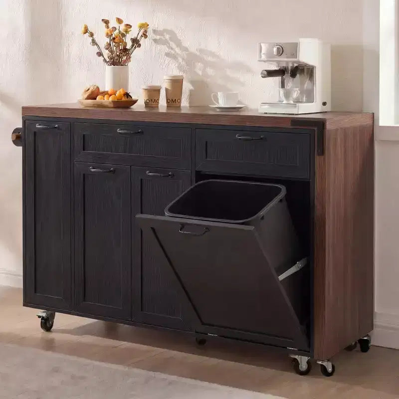 FAMYYT 102.3 Kitchen Rolling Island Cart with Extendable Dining Table, Trash Storage Cabinet, 3-Tier Pull-Out Spice Rack, 2 Drawers