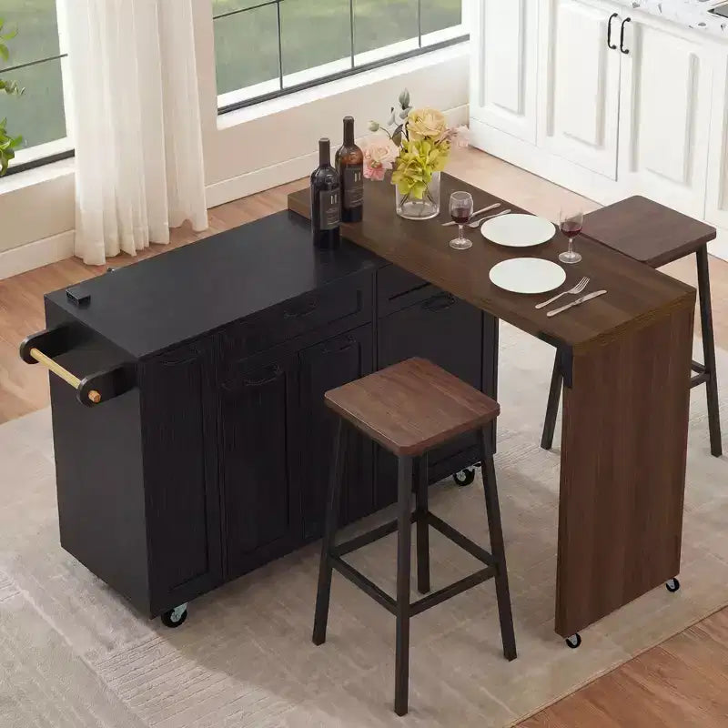 FAMYYT 102.3 Kitchen Rolling Island Cart with Extendable Dining Table, Trash Storage Cabinet, 3-Tier Pull-Out Spice Rack, 2 Drawers