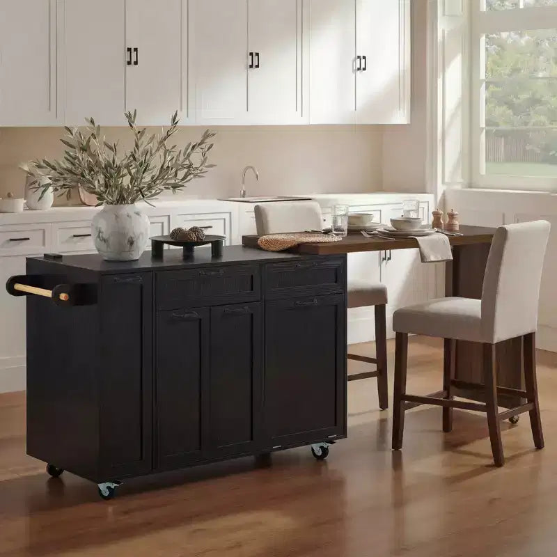 FAMYYT 102.3 Kitchen Rolling Island Cart with Extendable Dining Table, Trash Storage Cabinet, 3-Tier Pull-Out Spice Rack, 2 Drawers