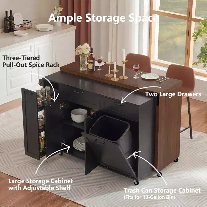 FAMYYT 102.3 Kitchen Rolling Island Cart with Extendable Dining Table, Trash Storage Cabinet, 3-Tier Pull-Out Spice Rack, 2 Drawers