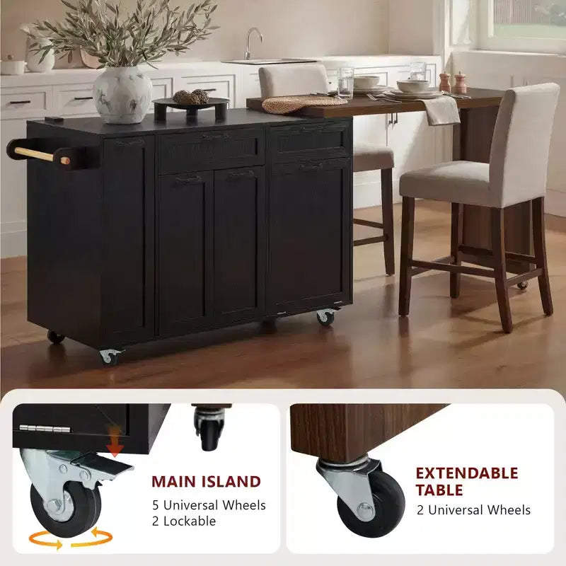FAMYYT 102.3 Kitchen Rolling Island Cart with Extendable Dining Table, Trash Storage Cabinet, 3-Tier Pull-Out Spice Rack, 2 Drawers