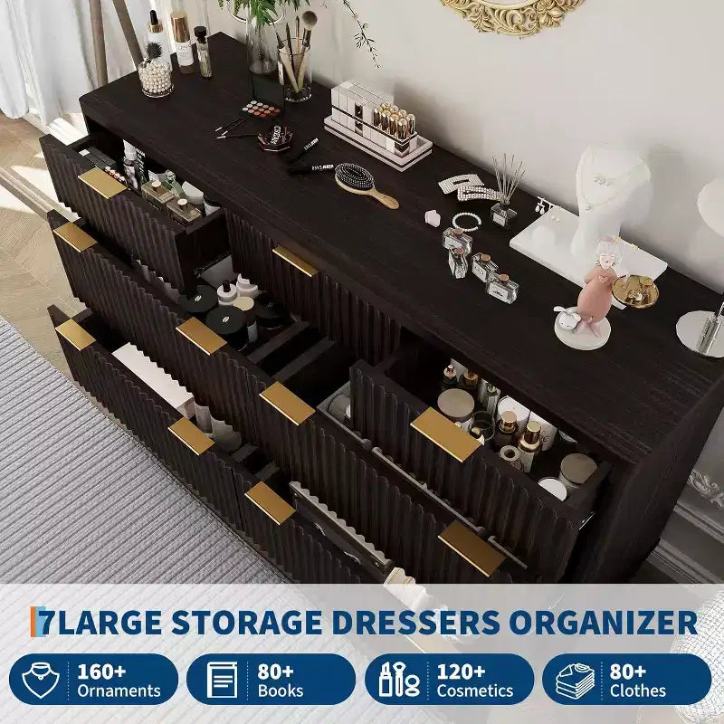 Modern Fluted Dresser with 7 Drawers, Mid-Century Storage Cabinet, Wood Storage Cabinet Organizer for Bedroom, Living Room