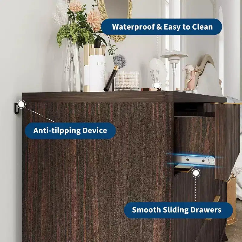 Modern Fluted Dresser with 7 Drawers, Mid-Century Storage Cabinet, Wood Storage Cabinet Organizer for Bedroom, Living Room