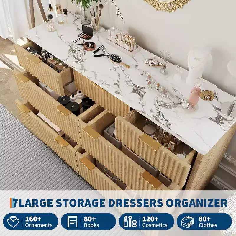 Modern Fluted Dresser with 7 Drawers, Mid-Century Storage Cabinet, Wood Storage Cabinet Organizer for Bedroom, Living Room