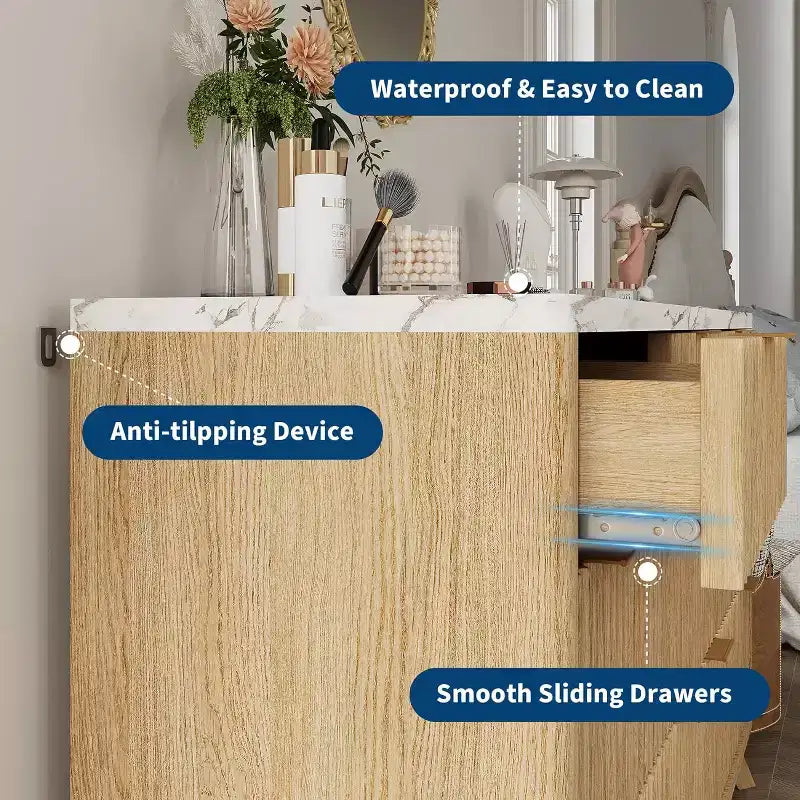 Modern Fluted Dresser with 7 Drawers, Mid-Century Storage Cabinet, Wood Storage Cabinet Organizer for Bedroom, Living Room