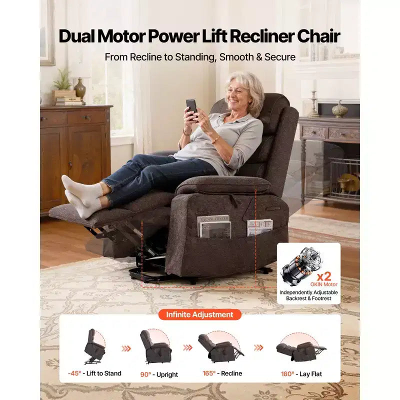 VEVOR Power Lift Recliner Chair, Dual Motor Medium Lift Chair with Heat and Massage for Elderly, Position Adjustable, Remote Control, Brown