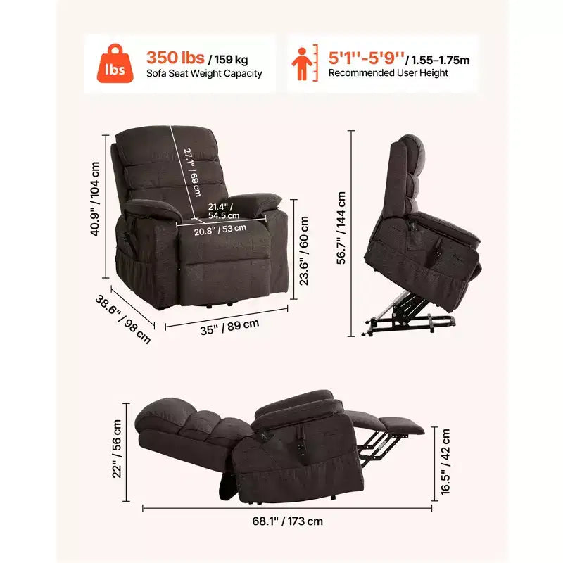 VEVOR Power Lift Recliner Chair, Dual Motor Medium Lift Chair with Heat and Massage for Elderly, Position Adjustable, Remote Control, Brown