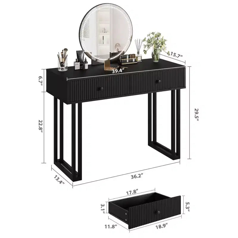 COZONY 40 Vanity Makeup Desk with HD Lighted Round Mirror, 3 Color LED Lights, 2 Drawers, Compact Dressing Table for Bedroom, Black