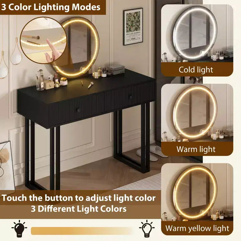 COZONY 40 Vanity Makeup Desk with HD Lighted Round Mirror, 3 Color LED Lights, 2 Drawers, Compact Dressing Table for Bedroom, Black