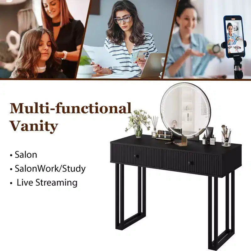 COZONY 40 Vanity Makeup Desk with HD Lighted Round Mirror, 3 Color LED Lights, 2 Drawers, Compact Dressing Table for Bedroom, Black