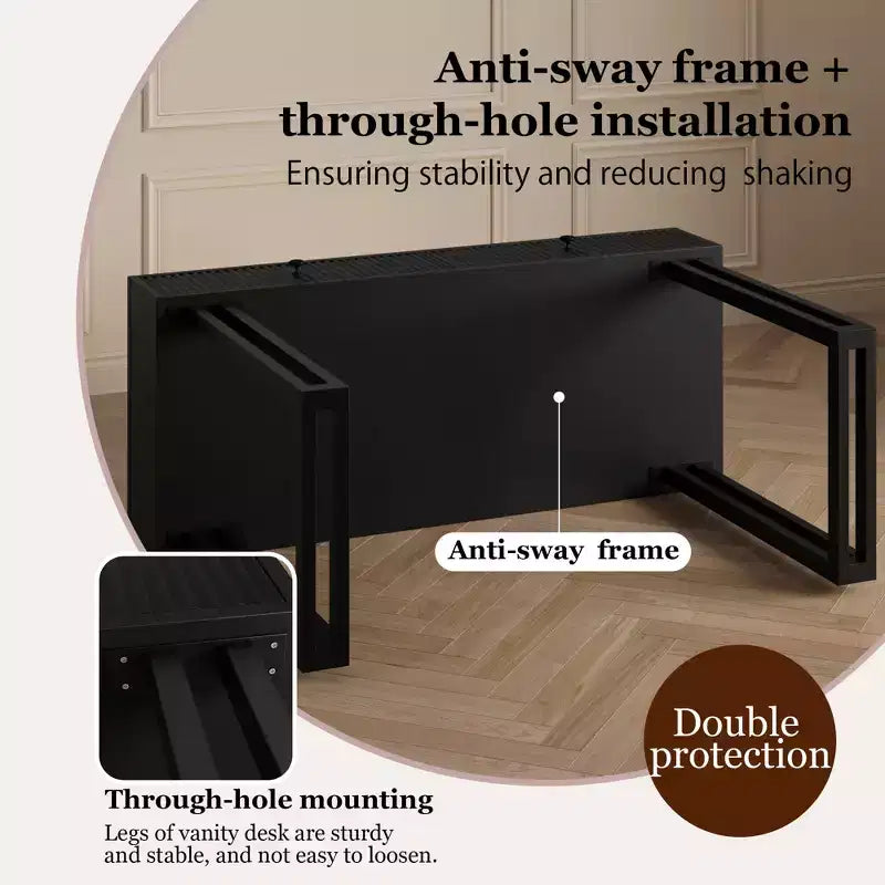 COZONY 40 Vanity Makeup Desk with HD Lighted Round Mirror, 3 Color LED Lights, 2 Drawers, Compact Dressing Table for Bedroom, Black