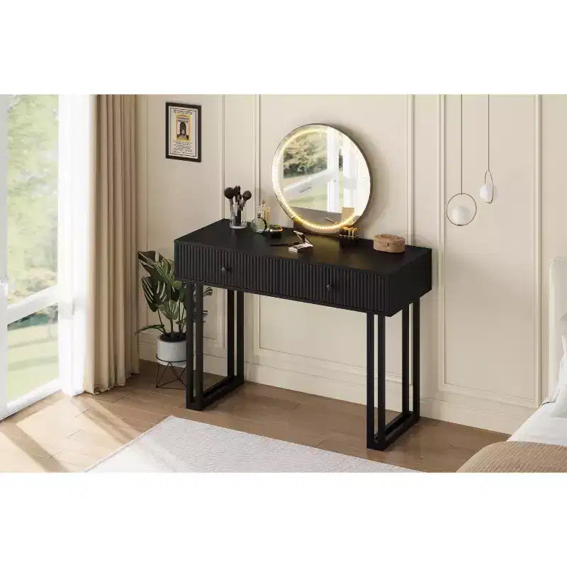 COZONY 40 Vanity Makeup Desk with HD Lighted Round Mirror, 3 Color LED Lights, 2 Drawers, Compact Dressing Table for Bedroom, Black