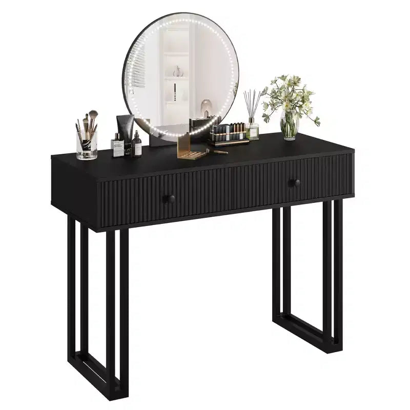 COZONY 40 Vanity Makeup Desk with HD Lighted Round Mirror, 3 Color LED Lights, 2 Drawers, Compact Dressing Table for Bedroom, Black