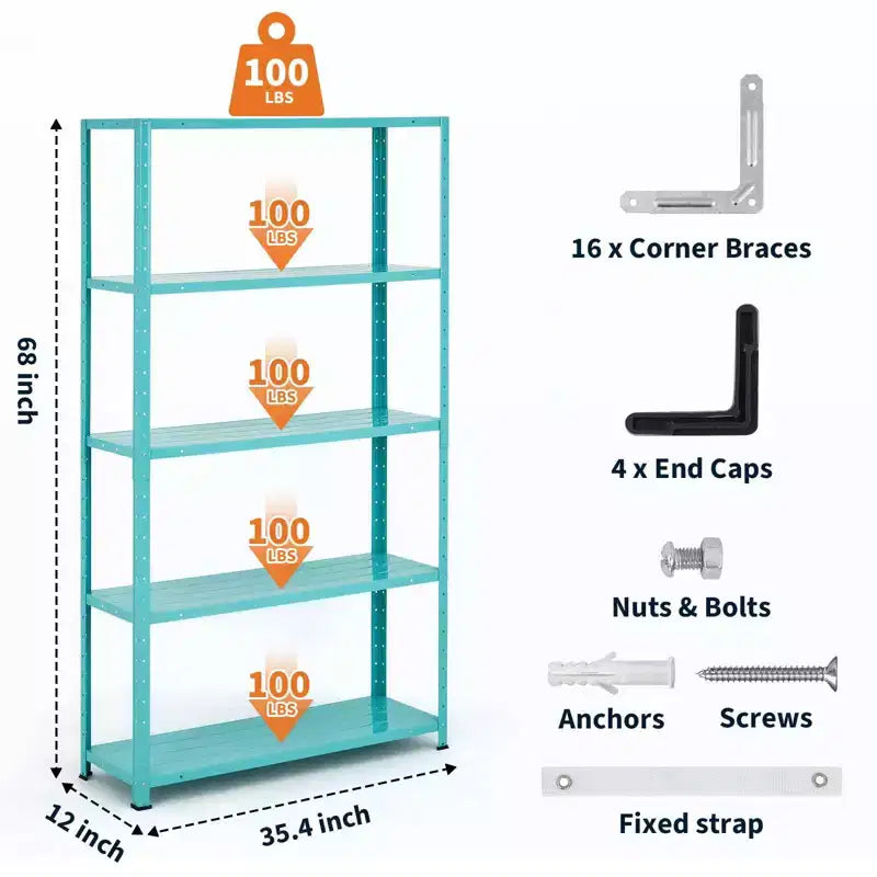 Heavy Duty 5-Tier Adjustable Metal Shelving Unit, 68H x 35W x 12D Steel Storage Rack, 500 lbs Capacity for Garage, Pantry, Kitchen, Closet