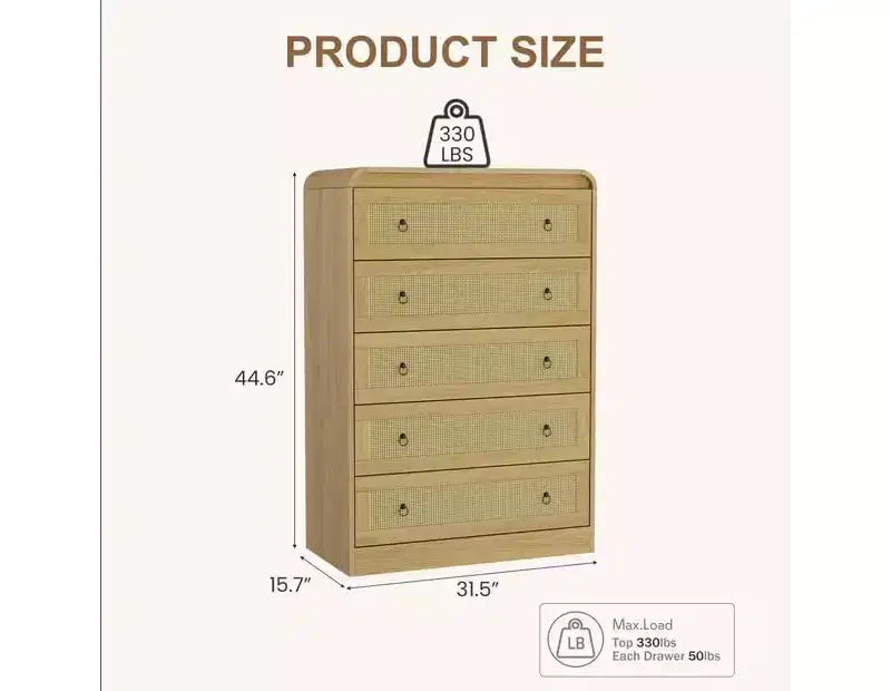 31''Tall Rattan Dresser, 5 Drawer Dresser for Bedroom, Dressers & Chests of Drawers, Modern Chest of Drawers for Bedroom, Living Room, Hallway