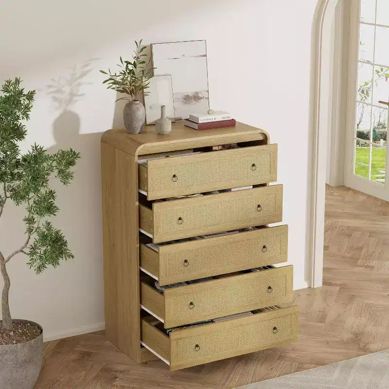 31''Tall Rattan Dresser, 5 Drawer Dresser for Bedroom, Dressers & Chests of Drawers, Modern Chest of Drawers for Bedroom, Living Room, Hallway