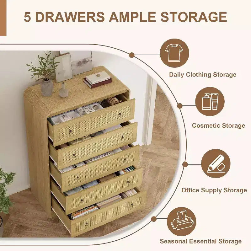 31''Tall Rattan Dresser, 5 Drawer Dresser for Bedroom, Dressers & Chests of Drawers, Modern Chest of Drawers for Bedroom, Living Room, Hallway