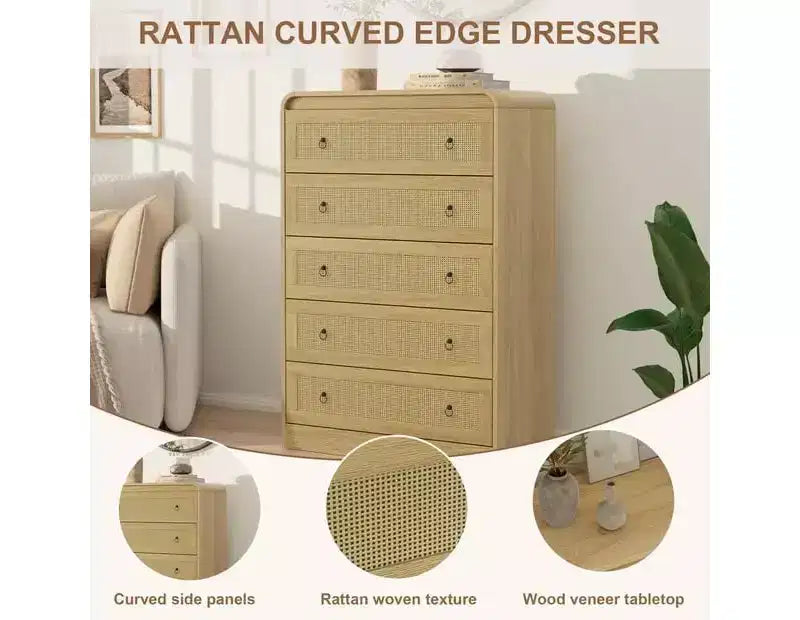 31''Tall Rattan Dresser, 5 Drawer Dresser for Bedroom, Dressers & Chests of Drawers, Modern Chest of Drawers for Bedroom, Living Room, Hallway