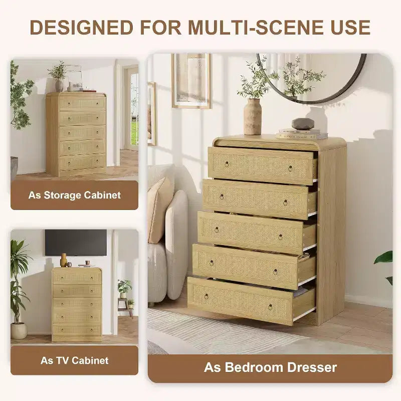31''Tall Rattan Dresser, 5 Drawer Dresser for Bedroom, Dressers & Chests of Drawers, Modern Chest of Drawers for Bedroom, Living Room, Hallway