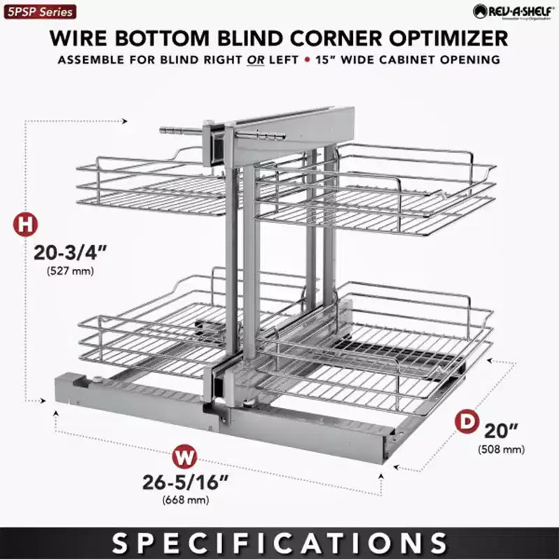 Rev-A-Shelf Chrome Two-Tier Wire Bottom Optimizer for 15 Blind Corner Cabinet Openings, Storage Organizer with 4 Shelves, 5PSP-15-CR