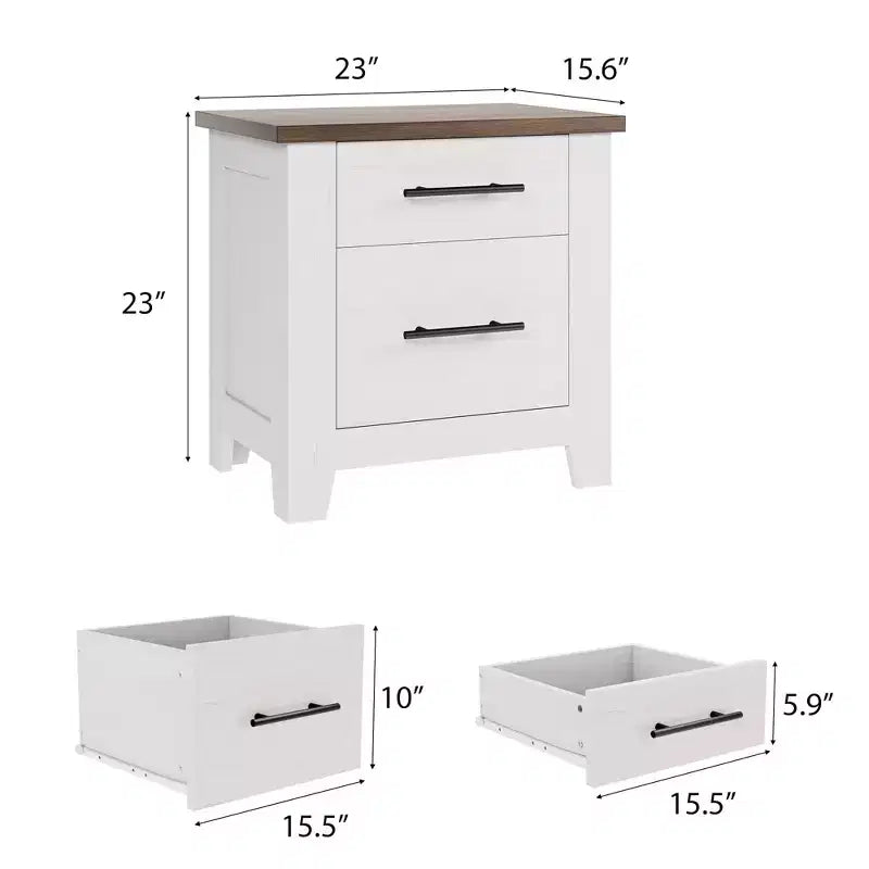 Farmhouse Nightstand with 2 Drawers, Distressed White Bedside Table with Brown Top, Rustic Wood End Table for Bedroom & Living Room