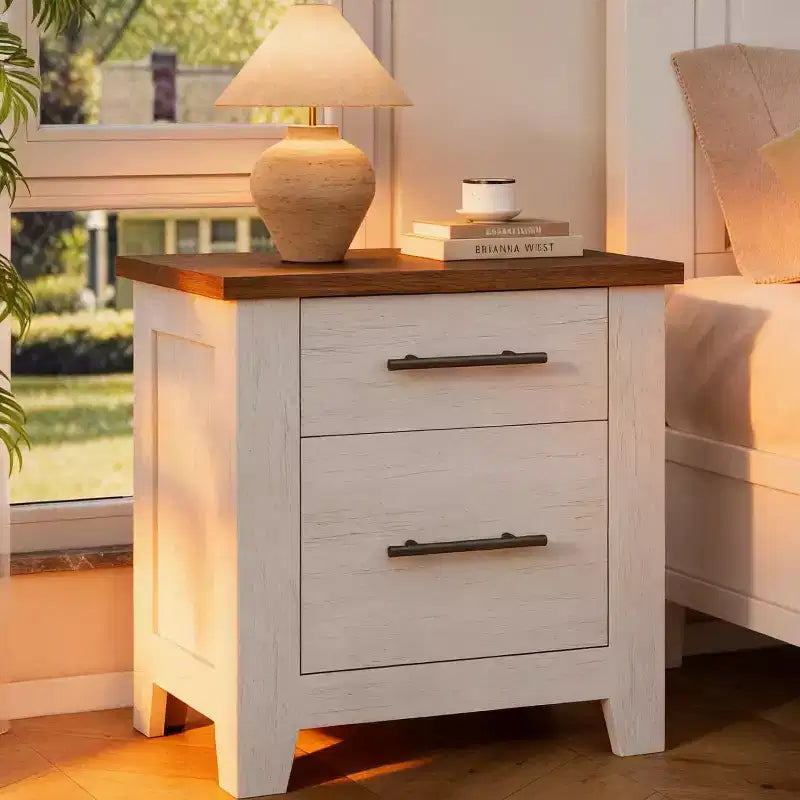 Farmhouse Nightstand with 2 Drawers, Distressed White Bedside Table with Brown Top, Rustic Wood End Table for Bedroom & Living Room