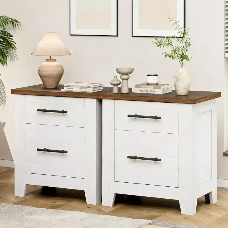 Farmhouse Nightstand with 2 Drawers, Distressed White Bedside Table with Brown Top, Rustic Wood End Table for Bedroom & Living Room