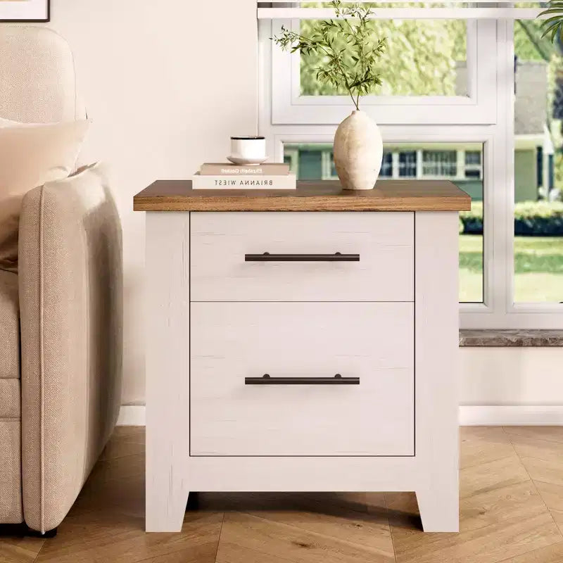 Farmhouse Nightstand with 2 Drawers, Distressed White Bedside Table with Brown Top, Rustic Wood End Table for Bedroom & Living Room