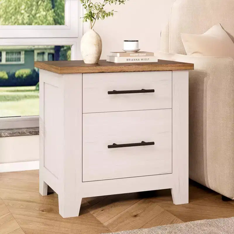 Farmhouse Nightstand with 2 Drawers, Distressed White Bedside Table with Brown Top, Rustic Wood End Table for Bedroom & Living Room