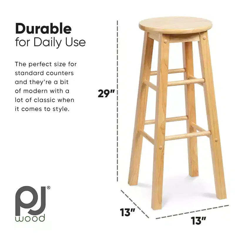 PJ Wood Classic Round-Seat 29 Inch Tall Kitchen Counter Stools for Homes, Dining Spaces, and Bars with Backless Seats, Square Legs, Natural, Set of 2