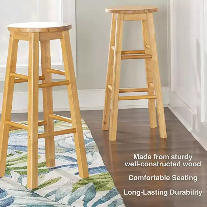 PJ Wood Classic Round-Seat 29 Inch Tall Kitchen Counter Stools for Homes, Dining Spaces, and Bars with Backless Seats, Square Legs, Natural, Set of 2