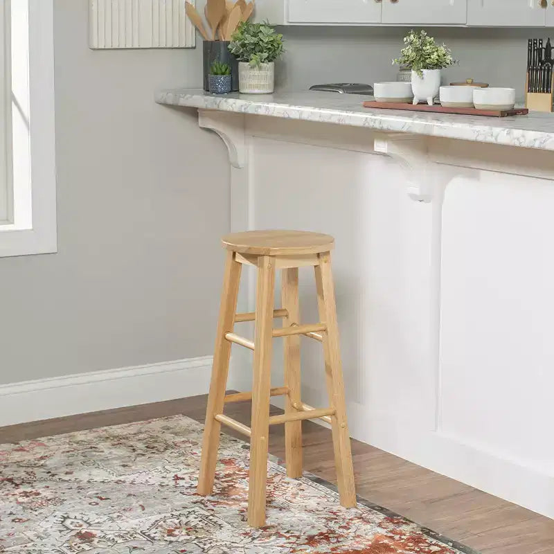 PJ Wood Classic Round-Seat 29 Inch Tall Kitchen Counter Stools for Homes, Dining Spaces, and Bars with Backless Seats, Square Legs, Natural, Set of 2