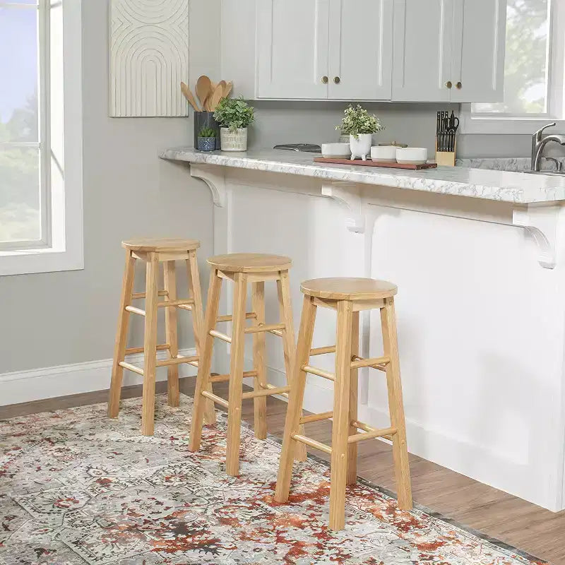 PJ Wood Classic Round-Seat 29 Inch Tall Kitchen Counter Stools for Homes, Dining Spaces, and Bars with Backless Seats, Square Legs, Natural, Set of 2