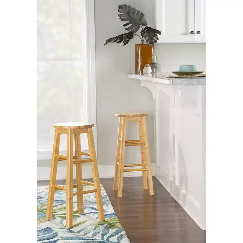 PJ Wood Classic Round-Seat 29 Inch Tall Kitchen Counter Stools for Homes, Dining Spaces, and Bars with Backless Seats, Square Legs, Natural, Set of 2