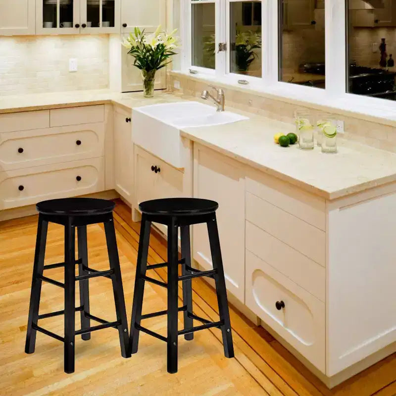 PJ Wood Classic Round-Seat 29 Inch Tall Kitchen Counter Stools for Homes, Dining Spaces, and Bars with Backless Seats, Square Legs, Natural, Set of 2