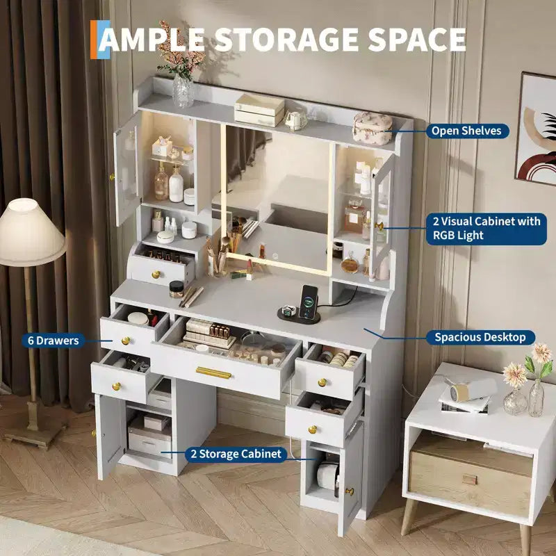 Vanity Desk with Charging Station and LED Mirror, Makeup Dressing Table, 3 Light Modes, 6 Drawers, Cabinet and Shelves, White