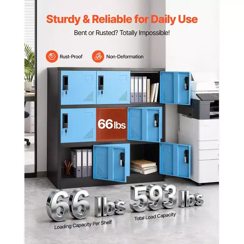 VEVOR 9 Doors Metal Locker, Lockable Steel Storage Cabinet, 66 lbs Loading Capacity, 2 Keys for Each Door, 3 Tiers, 35.4 x 17.7 x 37 in, Black