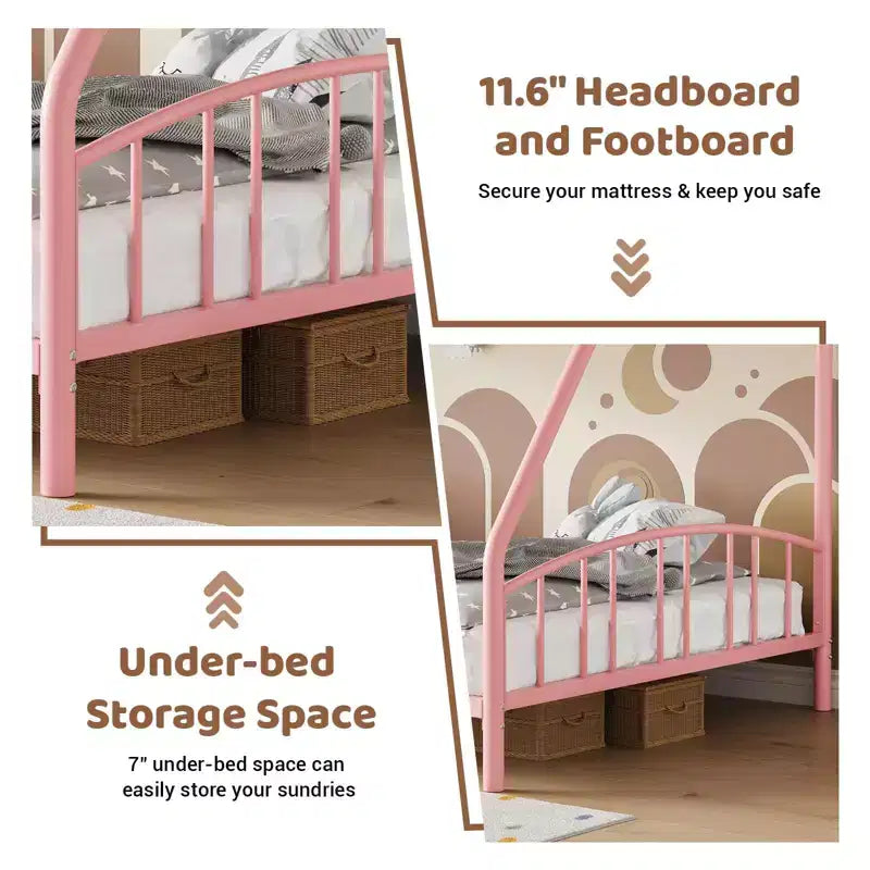 Bunk Bed Twin Over Full with Ladder and Arched Guardrail, Heavy Duty Bunkbeds Frame with Sturdy Steel Slats Support for Kids Boys Girls, Space-Saving
