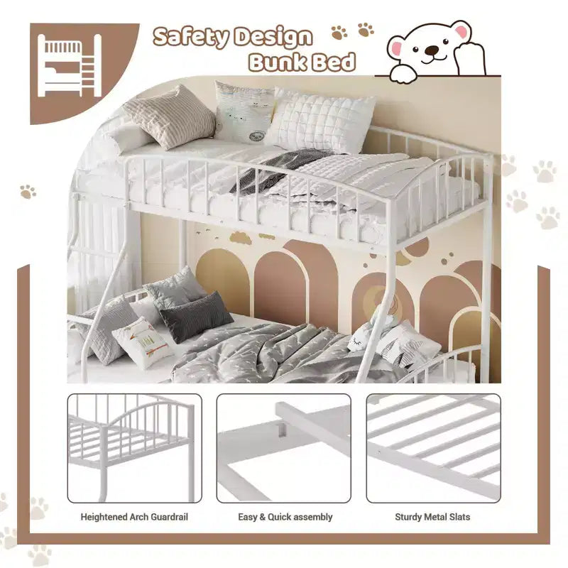 Bunk Bed Twin Over Full with Ladder and Arched Guardrail, Heavy Duty Bunkbeds Frame with Sturdy Steel Slats Support for Kids Boys Girls, Space-Saving