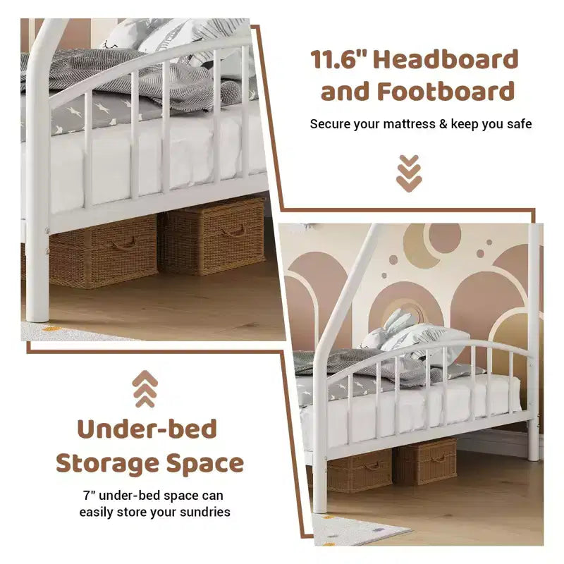 Bunk Bed Twin Over Full with Ladder and Arched Guardrail, Heavy Duty Bunkbeds Frame with Sturdy Steel Slats Support for Kids Boys Girls, Space-Saving