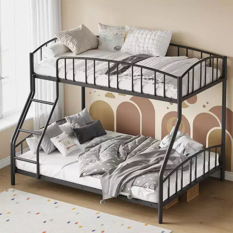 Bunk Bed Twin Over Full with Ladder and Arched Guardrail, Heavy Duty Bunkbeds Frame with Sturdy Steel Slats Support for Kids Boys Girls, Space-Saving