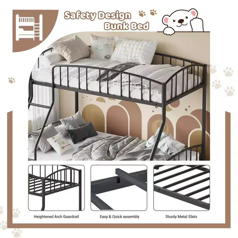 Bunk Bed Twin Over Full with Ladder and Arched Guardrail, Heavy Duty Bunkbeds Frame with Sturdy Steel Slats Support for Kids Boys Girls, Space-Saving