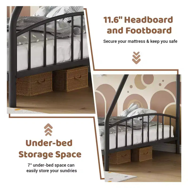 Bunk Bed Twin Over Full with Ladder and Arched Guardrail, Heavy Duty Bunkbeds Frame with Sturdy Steel Slats Support for Kids Boys Girls, Space-Saving