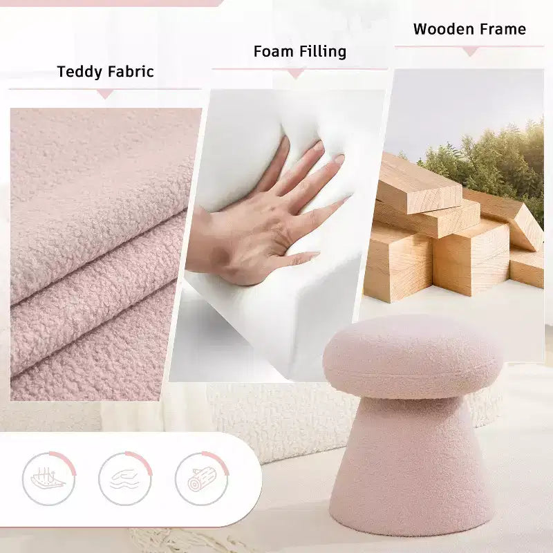GDFStudio Becka Teddy Fabric Mushroom Shaped Swivel Ottoman Footstool with Wooden Frame