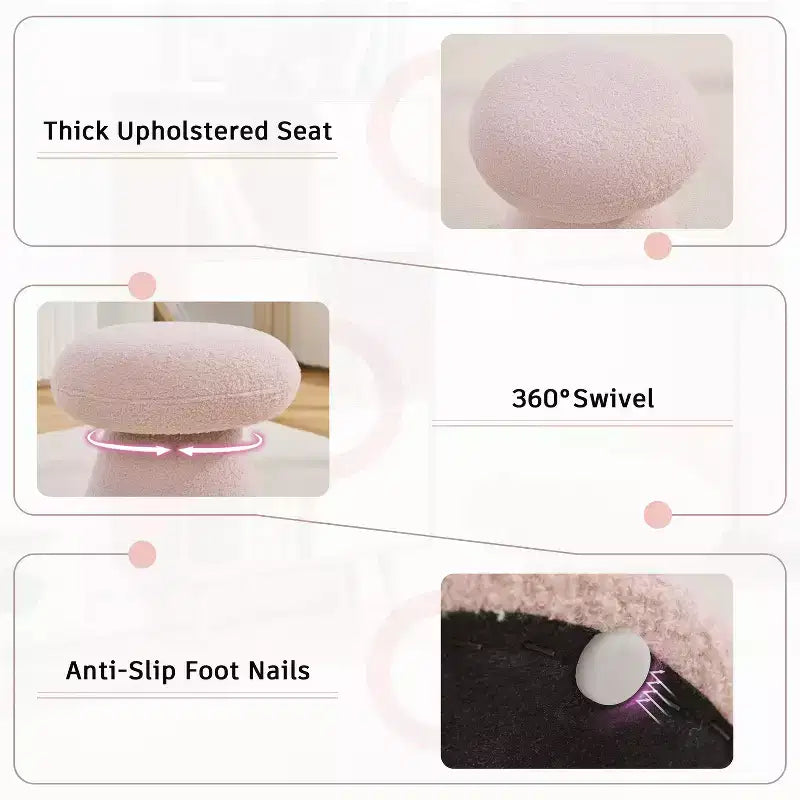 GDFStudio Becka Teddy Fabric Mushroom Shaped Swivel Ottoman Footstool with Wooden Frame