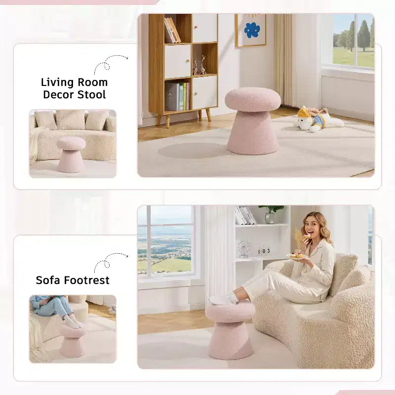 GDFStudio Becka Teddy Fabric Mushroom Shaped Swivel Ottoman Footstool with Wooden Frame