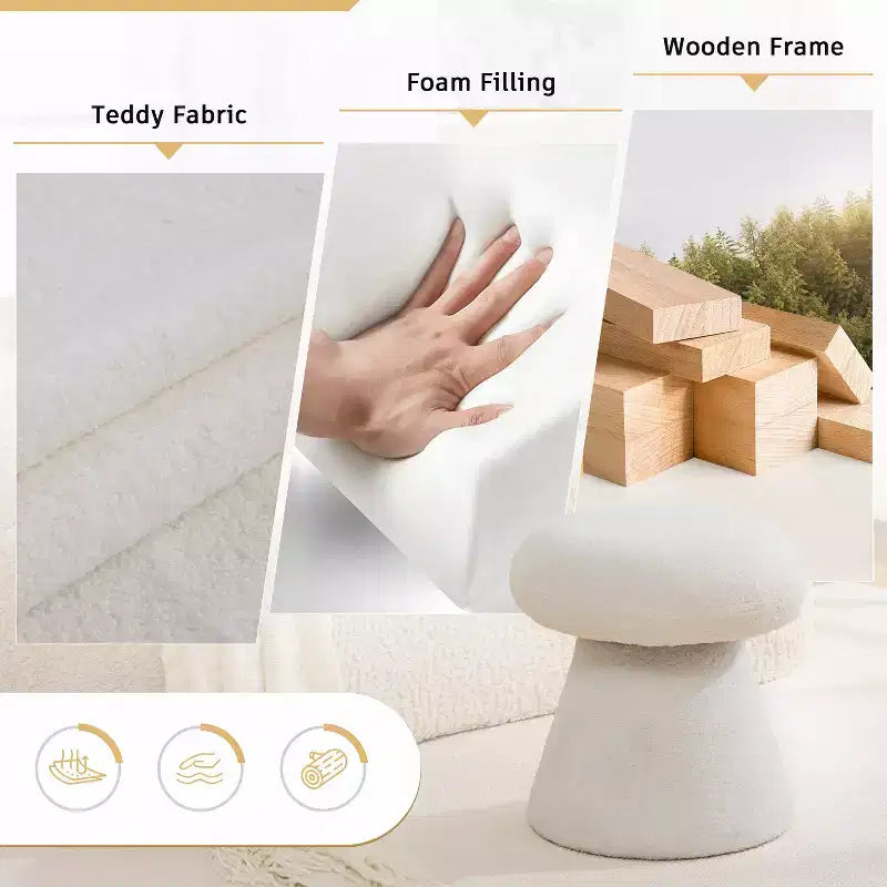 GDFStudio Becka Teddy Fabric Mushroom Shaped Swivel Ottoman Footstool with Wooden Frame