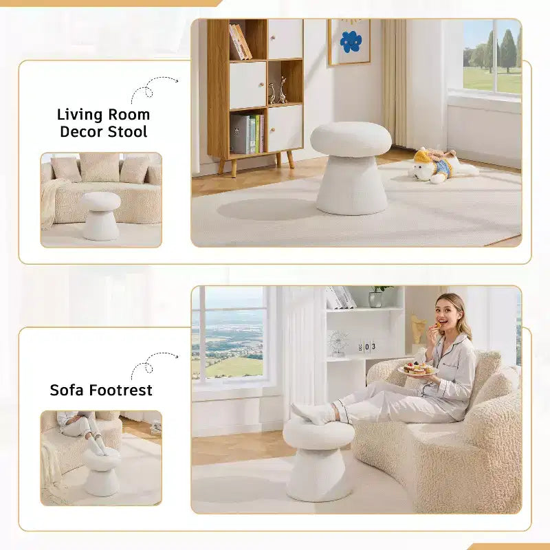 GDFStudio Becka Teddy Fabric Mushroom Shaped Swivel Ottoman Footstool with Wooden Frame